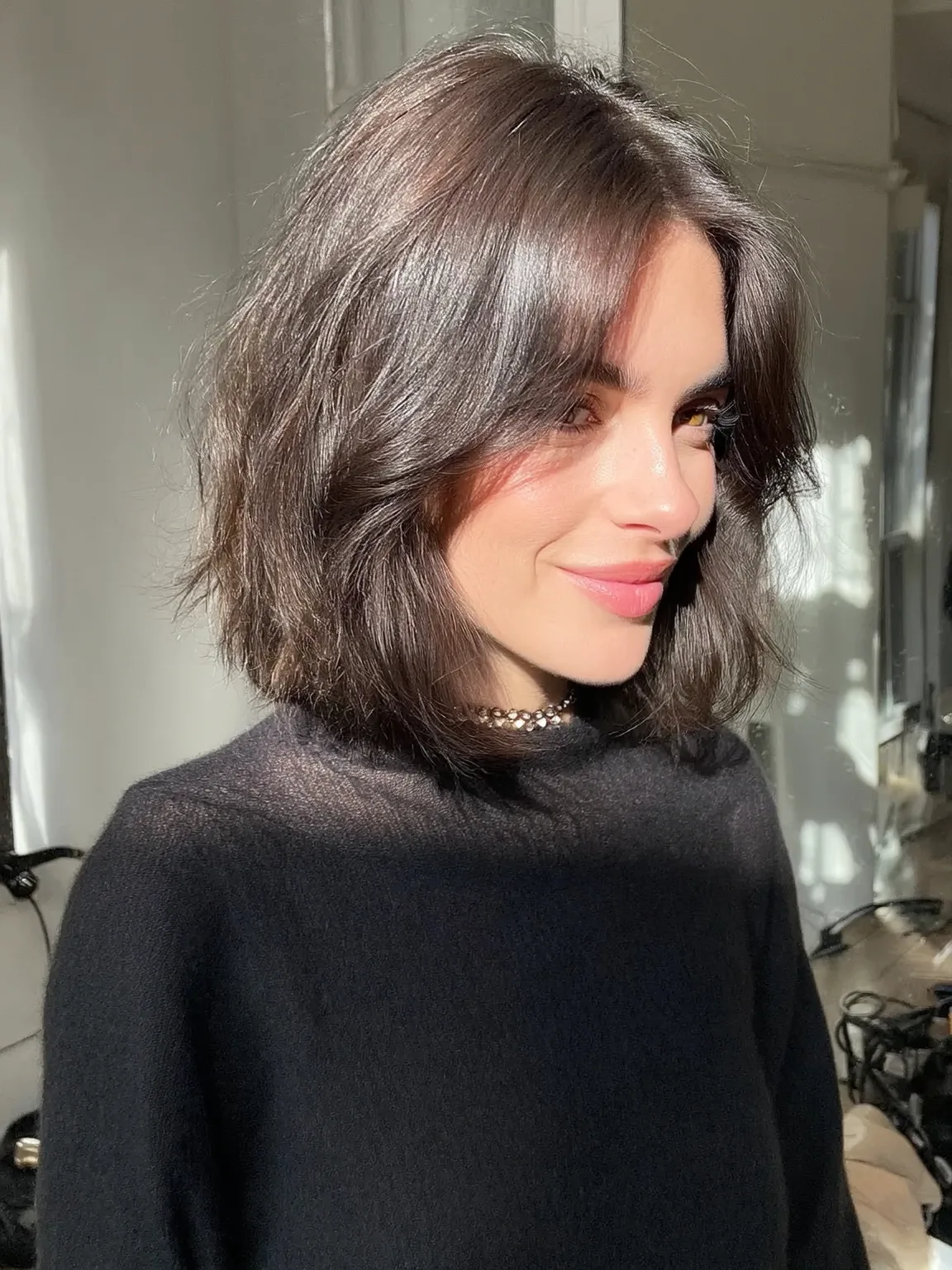 Wavy Chin-Length Soft Bob with Chocolate Curtain Bangs